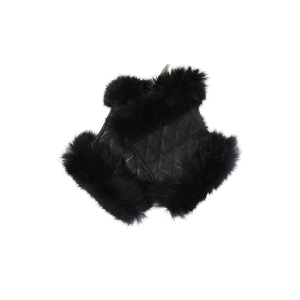 Carolina Amato Rabbit Fur Quilted Leather Fingerless Gloves Black Size S/M